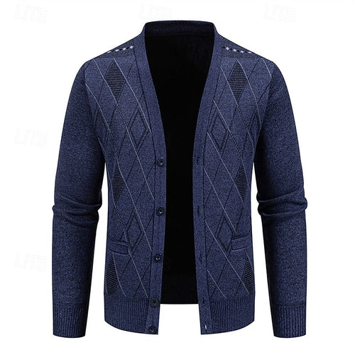 Men's Argyle V-Neck Button Cardigan with Side Pockets - Light Gray