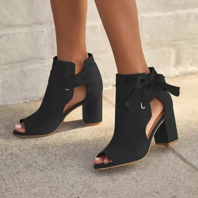 Women's Peep-Toe Ankle Boots with Side Bow Detail - Black